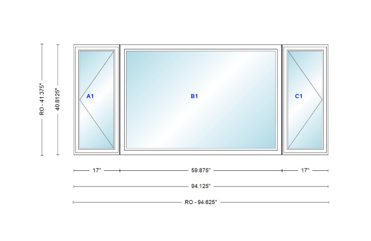 ANDERSEN Windows 400 Series LFR Picture With Casement Flankers 94-1/8" Wide Vinyl Exterior Wood Interior New Construction Low-E4 Dual Pane Argon Fill Glass Full Screens/Grilles/Tempered Optional