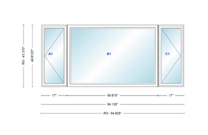 ANDERSEN Windows 400 Series LFR Picture With Casement Flankers 94-1/8" Wide Vinyl Exterior Wood Interior New Construction Low-E4 Dual Pane Argon Fill Glass Full Screens/Grilles/Tempered Optional