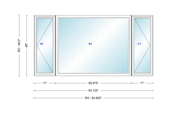ANDERSEN Windows 400 Series LFR Picture With Casement Flankers 94-1/8" Wide Vinyl Exterior Wood Interior New Construction Low-E4 Dual Pane Argon Fill Glass Full Screens/Grilles/Tempered Optional