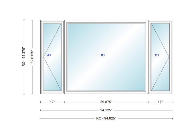 ANDERSEN Windows 400 Series LFR Picture With Casement Flankers 94-1/8" Wide Vinyl Exterior Wood Interior New Construction Low-E4 Dual Pane Argon Fill Glass Full Screens/Grilles/Tempered Optional