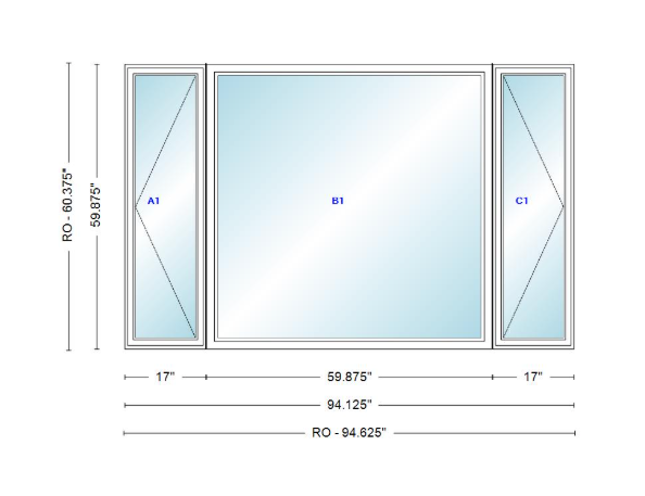 ANDERSEN Windows 400 Series LFR Picture With Casement Flankers 94-1/8" Wide Vinyl Exterior Wood Interior New Construction Low-E4 Dual Pane Argon Fill Glass Full Screens/Grilles/Tempered Optional