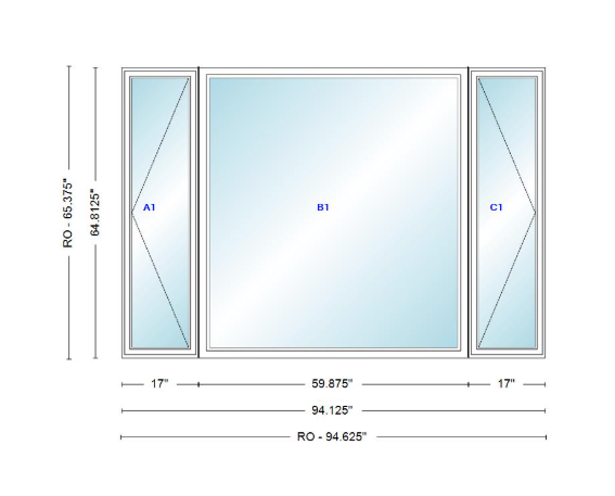 ANDERSEN Windows 400 Series LFR Picture With Casement Flankers 94-1/8" Wide Vinyl Exterior Wood Interior New Construction Low-E4 Dual Pane Argon Fill Glass Full Screens/Grilles/Tempered Optional