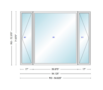 ANDERSEN Windows 400 Series LFR Picture With Casement Flankers 94-1/8" Wide Vinyl Exterior Wood Interior New Construction Low-E4 Dual Pane Argon Fill Glass Full Screens/Grilles/Tempered Optional