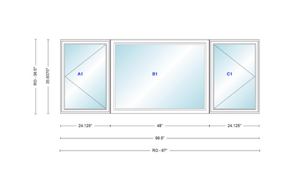 ANDERSEN Windows 400 Series LFR Picture With Casement Flankers 96-1/2" Wide Vinyl Exterior Wood Interior New Construction Low-E4 Dual Pane Argon Fill Glass Full Screens/Grilles/Tempered Optional
