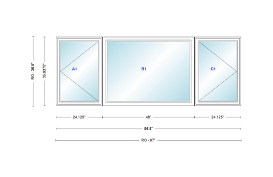 ANDERSEN Windows 400 Series LFR Picture With Casement Flankers 96-1/2" Wide Vinyl Exterior Wood Interior New Construction Low-E4 Dual Pane Argon Fill Glass Full Screens/Grilles/Tempered Optional