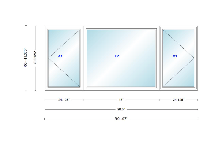 ANDERSEN Windows 400 Series LFR Picture With Casement Flankers 96-1/2" Wide Vinyl Exterior Wood Interior New Construction Low-E4 Dual Pane Argon Fill Glass Full Screens/Grilles/Tempered Optional