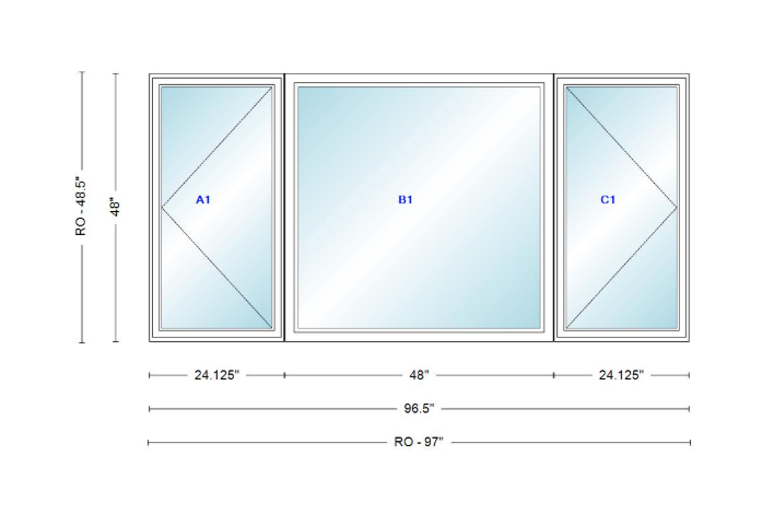ANDERSEN Windows 400 Series LFR Picture With Casement Flankers 96-1/2" Wide Vinyl Exterior Wood Interior New Construction Low-E4 Dual Pane Argon Fill Glass Full Screens/Grilles/Tempered Optional