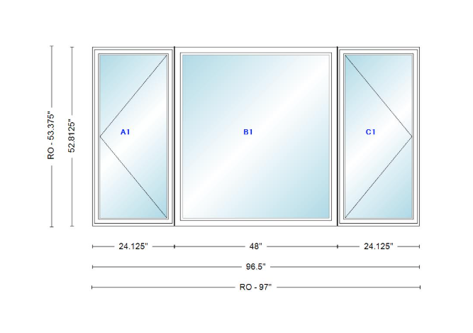 ANDERSEN Windows 400 Series LFR Picture With Casement Flankers 96-1/2" Wide Vinyl Exterior Wood Interior New Construction Low-E4 Dual Pane Argon Fill Glass Full Screens/Grilles/Tempered Optional