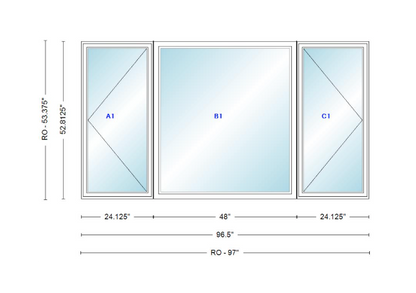 ANDERSEN Windows 400 Series LFR Picture With Casement Flankers 96-1/2" Wide Vinyl Exterior Wood Interior New Construction Low-E4 Dual Pane Argon Fill Glass Full Screens/Grilles/Tempered Optional