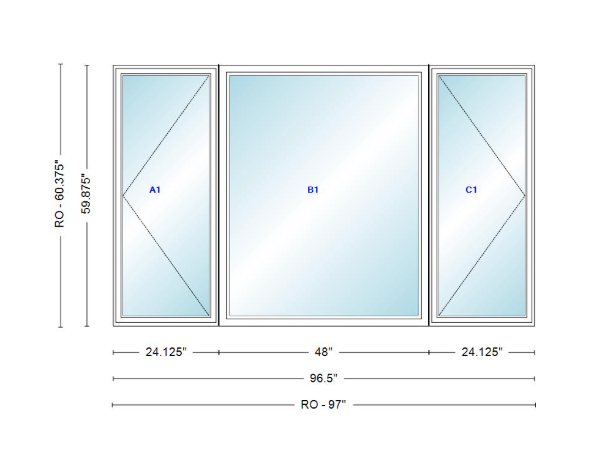 ANDERSEN Windows 400 Series LFR Picture With Casement Flankers 96-1/2" Wide Vinyl Exterior Wood Interior New Construction Low-E4 Dual Pane Argon Fill Glass Full Screens/Grilles/Tempered Optional