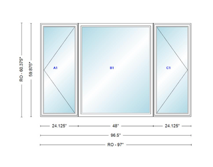 ANDERSEN Windows 400 Series LFR Picture With Casement Flankers 96-1/2" Wide Vinyl Exterior Wood Interior New Construction Low-E4 Dual Pane Argon Fill Glass Full Screens/Grilles/Tempered Optional