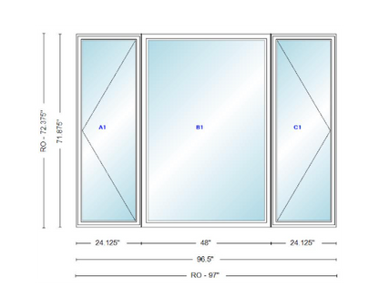ANDERSEN Windows 400 Series LFR Picture With Casement Flankers 96-1/2" Wide Vinyl Exterior Wood Interior New Construction Low-E4 Dual Pane Argon Fill Glass Full Screens/Grilles/Tempered Optional