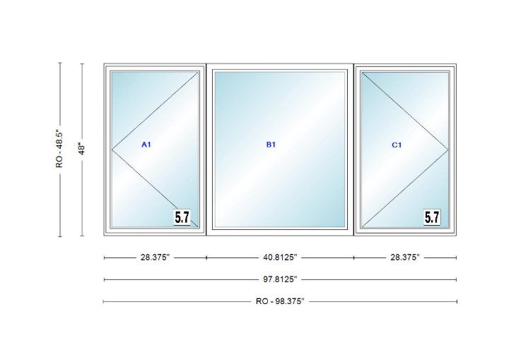 ANDERSEN Windows 400 Series LFR Picture With Casement Flankers 97-13/16" Wide Vinyl Exterior Wood Interior New Construction Low-E4 Dual Pane Argon Fill Glass Full Screens/Grilles/Tempered Optional