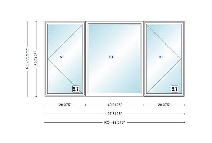 ANDERSEN Windows 400 Series LFR Picture With Casement Flankers 97-13/16" Wide Vinyl Exterior Wood Interior New Construction Low-E4 Dual Pane Argon Fill Glass Full Screens/Grilles/Tempered Optional
