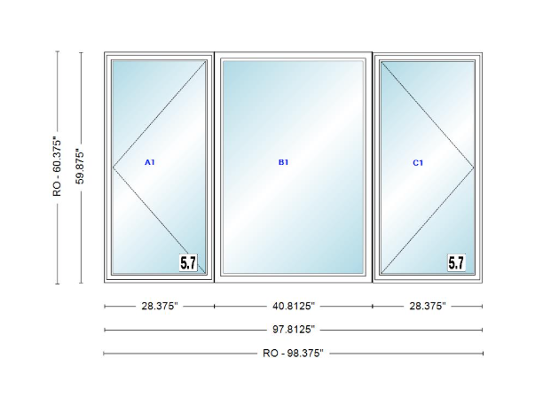 ANDERSEN Windows 400 Series LFR Picture With Casement Flankers 97-13/16" Wide Vinyl Exterior Wood Interior New Construction Low-E4 Dual Pane Argon Fill Glass Full Screens/Grilles/Tempered Optional