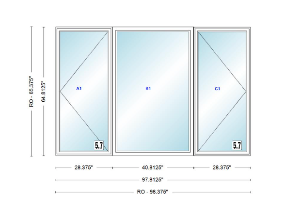 ANDERSEN Windows 400 Series LFR Picture With Casement Flankers 97-13/16" Wide Vinyl Exterior Wood Interior New Construction Low-E4 Dual Pane Argon Fill Glass Full Screens/Grilles/Tempered Optional