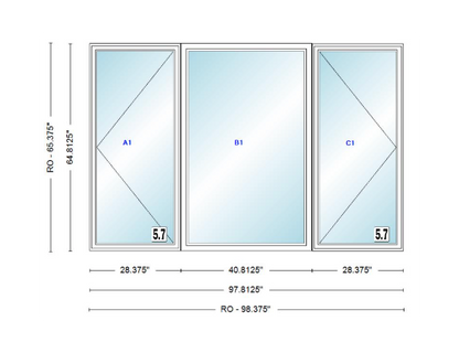 ANDERSEN Windows 400 Series LFR Picture With Casement Flankers 97-13/16" Wide Vinyl Exterior Wood Interior New Construction Low-E4 Dual Pane Argon Fill Glass Full Screens/Grilles/Tempered Optional
