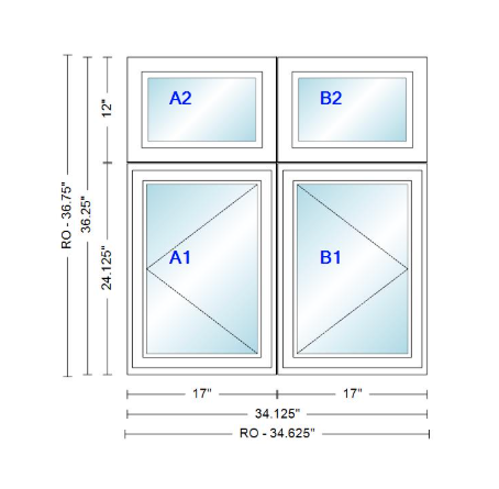 ANDERSEN Windows 400 Series Twin Casement With Twin Casement Transom 34-1/8" Wide Vinyl Exterior Wood Interior New Construction Low-E4 Dual Pane Argon Fill Glass Full Screens/Grilles/Tempered Optional