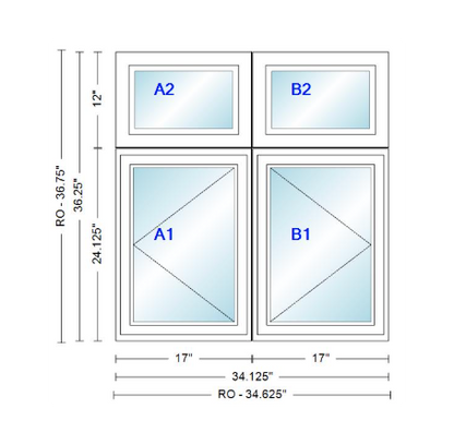 ANDERSEN Windows 400 Series Twin Casement With Twin Casement Transom 34-1/8" Wide Vinyl Exterior Wood Interior New Construction Low-E4 Dual Pane Argon Fill Glass Full Screens/Grilles/Tempered Optional