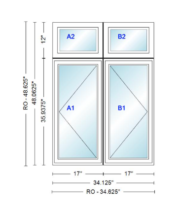 ANDERSEN Windows 400 Series Twin Casement With Twin Casement Transom 34-1/8" Wide Vinyl Exterior Wood Interior New Construction Low-E4 Dual Pane Argon Fill Glass Full Screens/Grilles/Tempered Optional