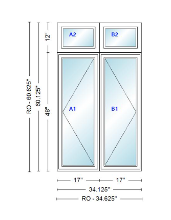 ANDERSEN Windows 400 Series Twin Casement With Twin Casement Transom 34-1/8" Wide Vinyl Exterior Wood Interior New Construction Low-E4 Dual Pane Argon Fill Glass Full Screens/Grilles/Tempered Optional