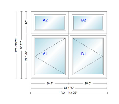 ANDERSEN Windows 400 Series Twin Casement With Twin Casement Transom 41-1/8" Wide Vinyl Exterior Wood Interior New Construction Low-E4 Dual Pane Argon Fill Glass Full Screens/Grilles/Tempered Optional