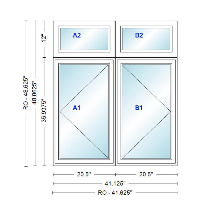 ANDERSEN Windows 400 Series Twin Casement With Twin Casement Transom 41-1/8" Wide Vinyl Exterior Wood Interior New Construction Low-E4 Dual Pane Argon Fill Glass Full Screens/Grilles/Tempered Optional