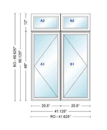 ANDERSEN Windows 400 Series Twin Casement With Twin Casement Transom 41-1/8" Wide Vinyl Exterior Wood Interior New Construction Low-E4 Dual Pane Argon Fill Glass Full Screens/Grilles/Tempered Optional