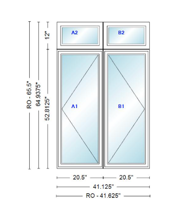 ANDERSEN Windows 400 Series Twin Casement With Twin Casement Transom 41-1/8" Wide Vinyl Exterior Wood Interior New Construction Low-E4 Dual Pane Argon Fill Glass Full Screens/Grilles/Tempered Optional