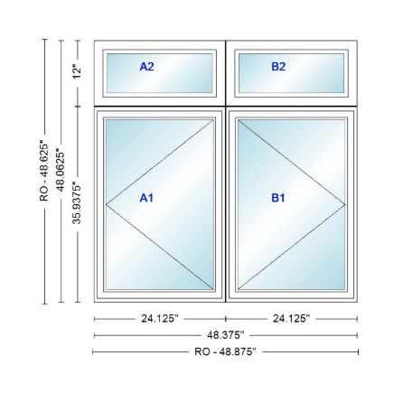 ANDERSEN Windows 400 Series Twin Casement With Twin Casement Transom 48-3/8" Wide Vinyl Exterior Wood Interior New Construction Low-E4 Dual Pane Argon Fill Glass Full Screens/Grilles/Tempered Optional