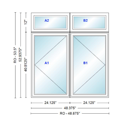ANDERSEN Windows 400 Series Twin Casement With Twin Casement Transom 48-3/8" Wide Vinyl Exterior Wood Interior New Construction Low-E4 Dual Pane Argon Fill Glass Full Screens/Grilles/Tempered Optional