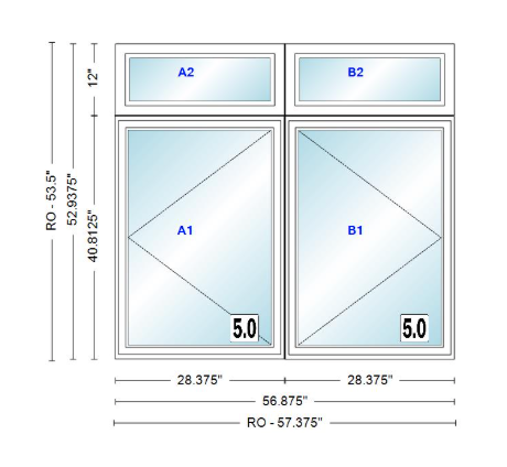 ANDERSEN Windows 400 Series Twin Casement With Twin Casement Transom 56-7/8" Wide Vinyl Exterior Wood Interior New Construction Low-E4 Dual Pane Argon Fill Glass Full Screens/Grilles/Tempered Optional