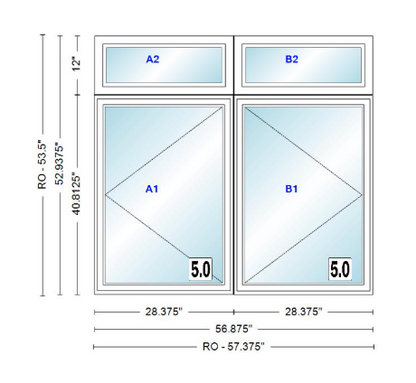ANDERSEN Windows 400 Series Twin Casement With Twin Casement Transom 56-7/8" Wide Vinyl Exterior Wood Interior New Construction Low-E4 Dual Pane Argon Fill Glass Full Screens/Grilles/Tempered Optional