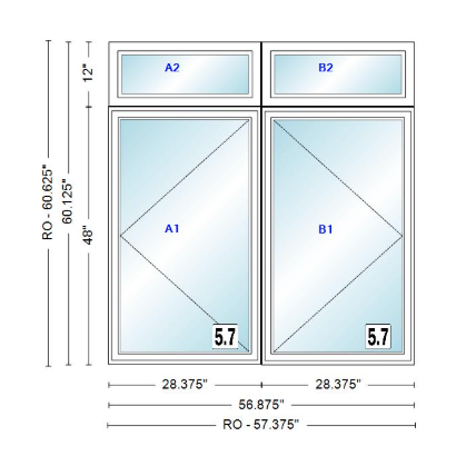 ANDERSEN Windows 400 Series Twin Casement With Twin Casement Transom 56-7/8" Wide Vinyl Exterior Wood Interior New Construction Low-E4 Dual Pane Argon Fill Glass Full Screens/Grilles/Tempered Optional