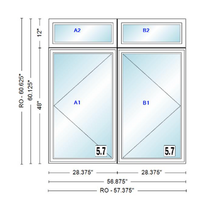 ANDERSEN Windows 400 Series Twin Casement With Twin Casement Transom 56-7/8" Wide Vinyl Exterior Wood Interior New Construction Low-E4 Dual Pane Argon Fill Glass Full Screens/Grilles/Tempered Optional