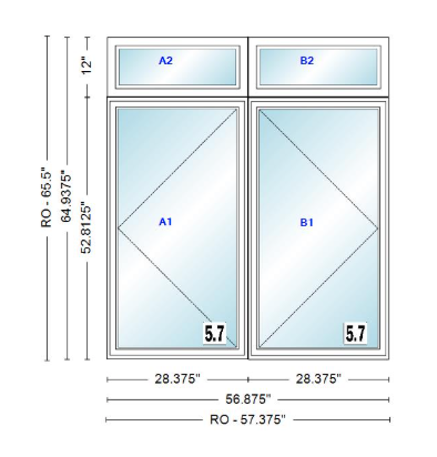 ANDERSEN Windows 400 Series Twin Casement With Twin Casement Transom 56-7/8" Wide Vinyl Exterior Wood Interior New Construction Low-E4 Dual Pane Argon Fill Glass Full Screens/Grilles/Tempered Optional