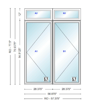 ANDERSEN Windows 400 Series Twin Casement With Twin Casement Transom 56-7/8" Wide Vinyl Exterior Wood Interior New Construction Low-E4 Dual Pane Argon Fill Glass Full Screens/Grilles/Tempered Optional