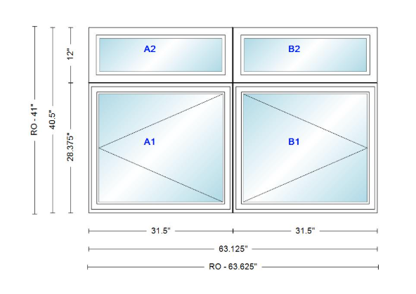 ANDERSEN Windows 400 Series Twin Casement With Twin Casement Transom 63-1/8" Wide Vinyl Exterior Wood Interior New Construction Low-E4 Dual Pane Argon Fill Glass Full Screens/Grilles/Tempered Optional