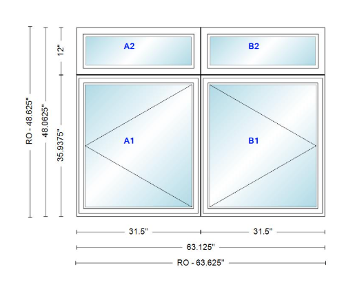 ANDERSEN Windows 400 Series Twin Casement With Twin Casement Transom 63-1/8" Wide Vinyl Exterior Wood Interior New Construction Low-E4 Dual Pane Argon Fill Glass Full Screens/Grilles/Tempered Optional