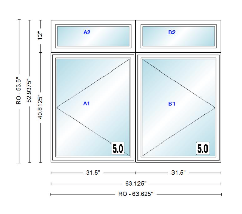 ANDERSEN Windows 400 Series Twin Casement With Twin Casement Transom 63-1/8" Wide Vinyl Exterior Wood Interior New Construction Low-E4 Dual Pane Argon Fill Glass Full Screens/Grilles/Tempered Optional