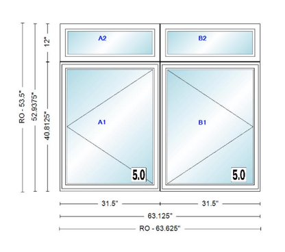 ANDERSEN Windows 400 Series Twin Casement With Twin Casement Transom 63-1/8" Wide Vinyl Exterior Wood Interior New Construction Low-E4 Dual Pane Argon Fill Glass Full Screens/Grilles/Tempered Optional