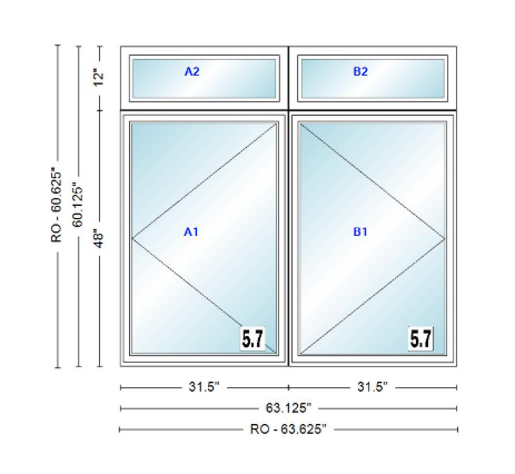 ANDERSEN Windows 400 Series Twin Casement With Twin Casement Transom 63-1/8" Wide Vinyl Exterior Wood Interior New Construction Low-E4 Dual Pane Argon Fill Glass Full Screens/Grilles/Tempered Optional