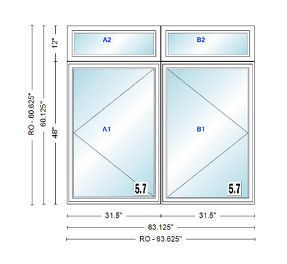 ANDERSEN Windows 400 Series Twin Casement With Twin Casement Transom 63-1/8" Wide Vinyl Exterior Wood Interior New Construction Low-E4 Dual Pane Argon Fill Glass Full Screens/Grilles/Tempered Optional