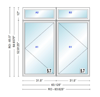 ANDERSEN Windows 400 Series Twin Casement With Twin Casement Transom 63-1/8" Wide Vinyl Exterior Wood Interior New Construction Low-E4 Dual Pane Argon Fill Glass Full Screens/Grilles/Tempered Optional