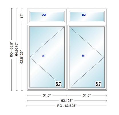 ANDERSEN Windows 400 Series Twin Casement With Twin Casement Transom 63-1/8" Wide Vinyl Exterior Wood Interior New Construction Low-E4 Dual Pane Argon Fill Glass Full Screens/Grilles/Tempered Optional