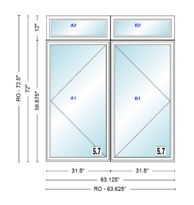 ANDERSEN Windows 400 Series Twin Casement With Twin Casement Transom 63-1/8" Wide Vinyl Exterior Wood Interior New Construction Low-E4 Dual Pane Argon Fill Glass Full Screens/Grilles/Tempered Optional