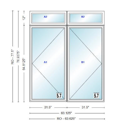 ANDERSEN Windows 400 Series Twin Casement With Twin Casement Transom 63-1/8" Wide Vinyl Exterior Wood Interior New Construction Low-E4 Dual Pane Argon Fill Glass Full Screens/Grilles/Tempered Optional