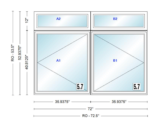 ANDERSEN Windows 400 Series Twin Casement With Twin Casement Transom 72" Wide Vinyl Exterior Wood Interior New Construction Low-E4 Dual Pane Argon Fill Glass Full Screens/Grilles/Tempered Optional
