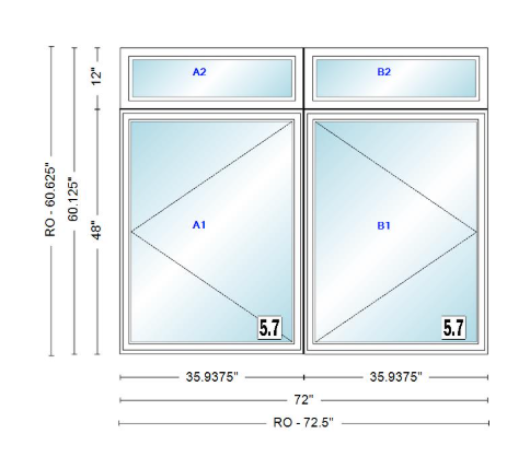 ANDERSEN Windows 400 Series Twin Casement With Twin Casement Transom 72" Wide Vinyl Exterior Wood Interior New Construction Low-E4 Dual Pane Argon Fill Glass Full Screens/Grilles/Tempered Optional