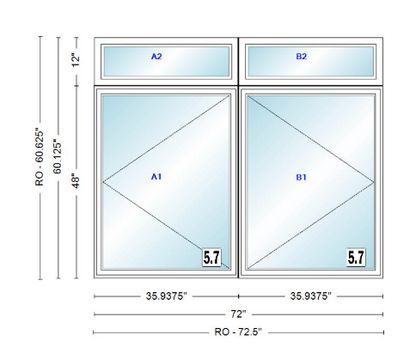 ANDERSEN Windows 400 Series Twin Casement With Twin Casement Transom 72" Wide Vinyl Exterior Wood Interior New Construction Low-E4 Dual Pane Argon Fill Glass Full Screens/Grilles/Tempered Optional